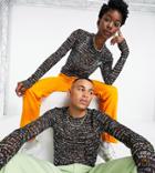 Collusion X Exist Loudly Unisex Slim Fit Crop Mesh Long Sleeve T Shirt With All Over Print-multi