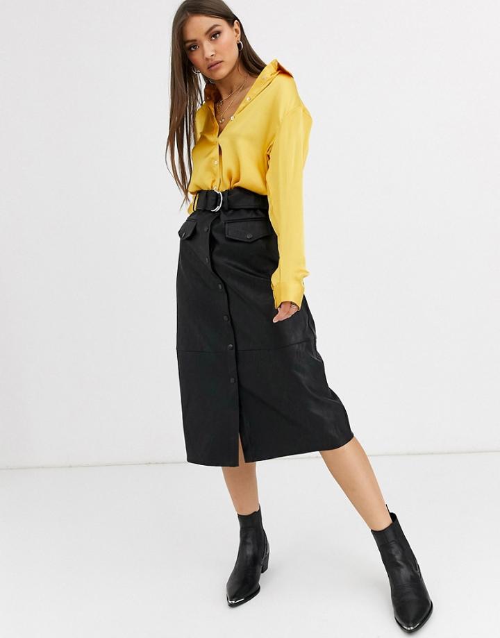 Neon Rose Belted Midi Pencil Skirt In Faux Leather