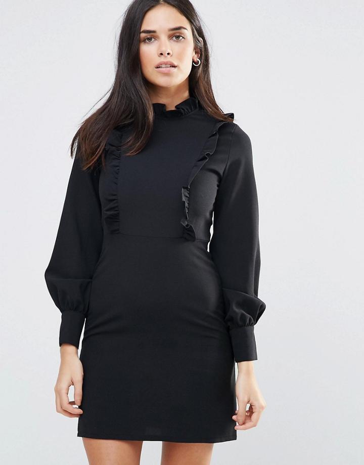 Oh My Love High Neck Dress With Frill Trims - Black