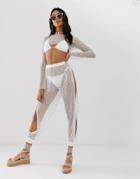 Asos Design Beach Pants With Split Sides In Webbed Jersey Lace Two-piece - White