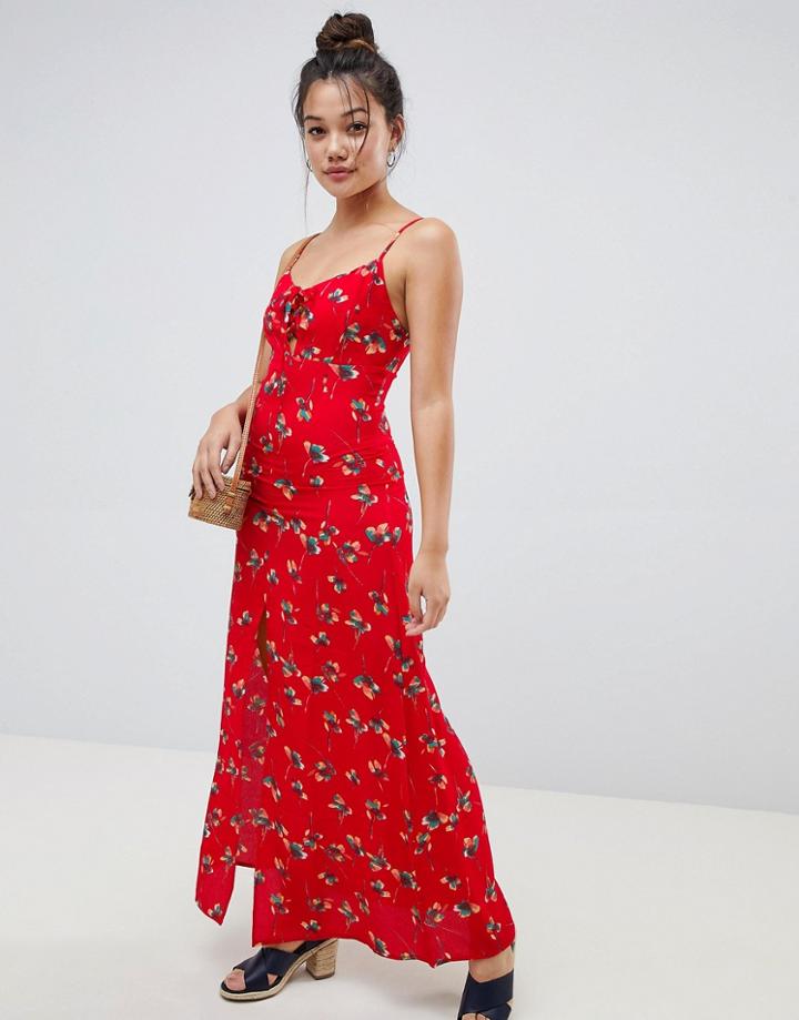 Brave Soul Poppy Maxi Dress With Front Split - Red