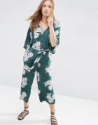 Asos Belted Satin Jumpsuit With Kimono Sleeve In Floral Print - Multi