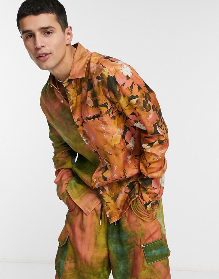 Asos Design Relaxed Fit Shirt In Abstract Half And Half Print-red