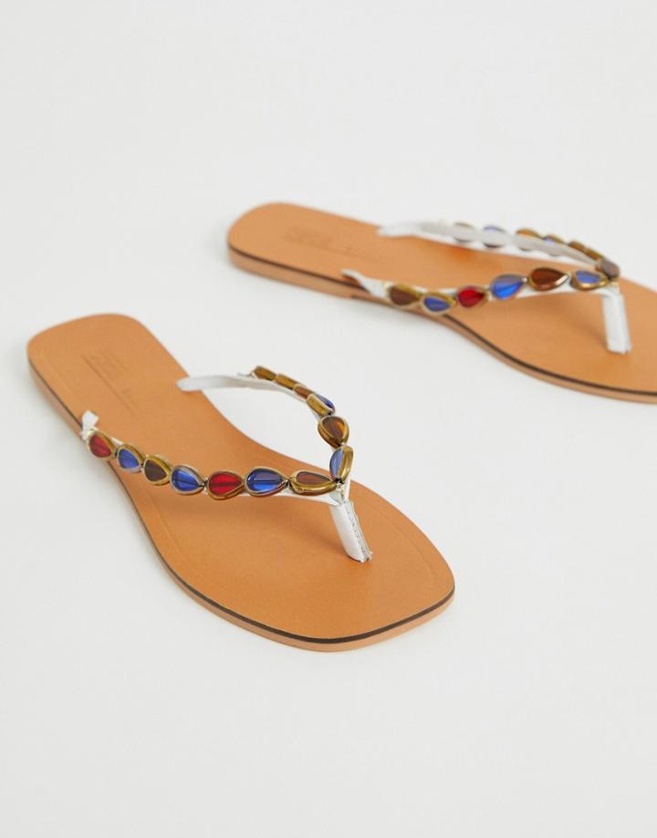Asos Design Fitzrovia Leather Embellished Flip Flops - White