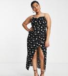 Asos Design Curve Cowl Neck Ruched Side Midi Dress In Black Floral Print-multi