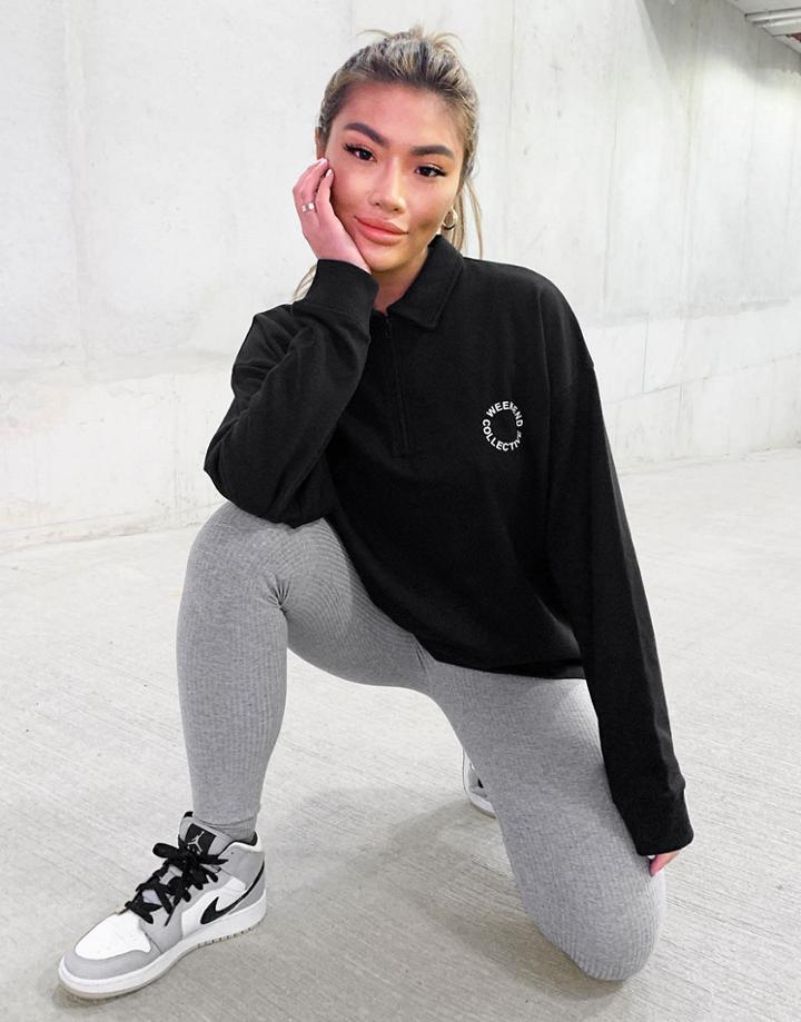 Asos Weekend Collective Polo Sweatshirt With Half-zip And Logo In Black