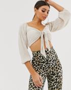 Asos Design Crop Top With Tie Front In Plisse-cream