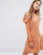 Fashion Union Cold Shoulder Smock Dress With Frills On Shoulder - Beige