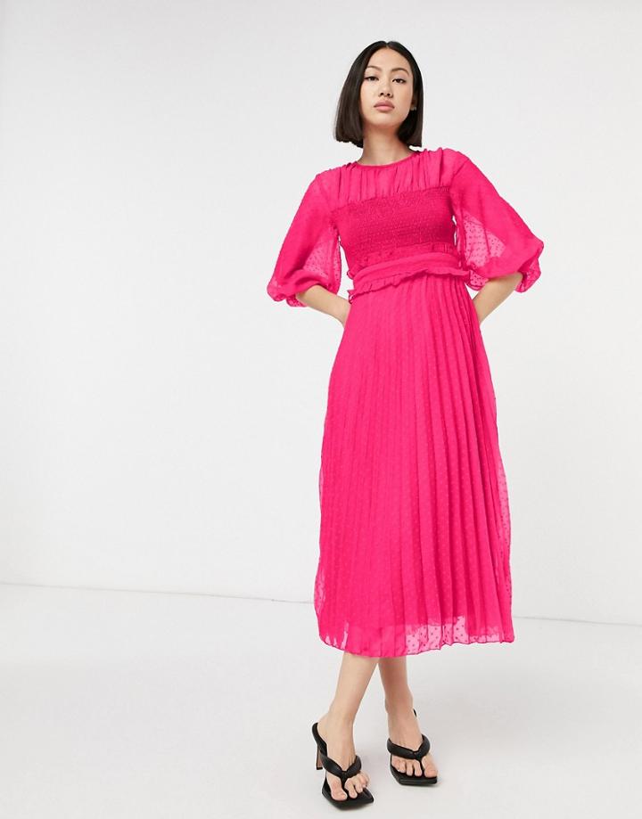 Asos Design Textured Pleated Shirred Midi Dress In Hot Pink