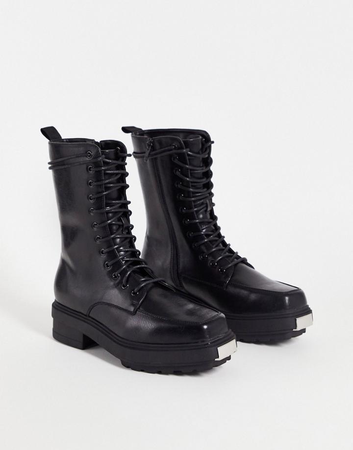 Asos Design High Lace Up Calf Boots In Black Faux Leather With Raised Chunky Square Toe Sole