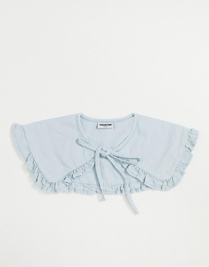 Noisy May Denim Frill Detail Tie Collar In Bleached Blue-blues
