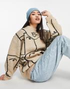 Monki Knit Jacquard Face Sweater In Beige-neutral
