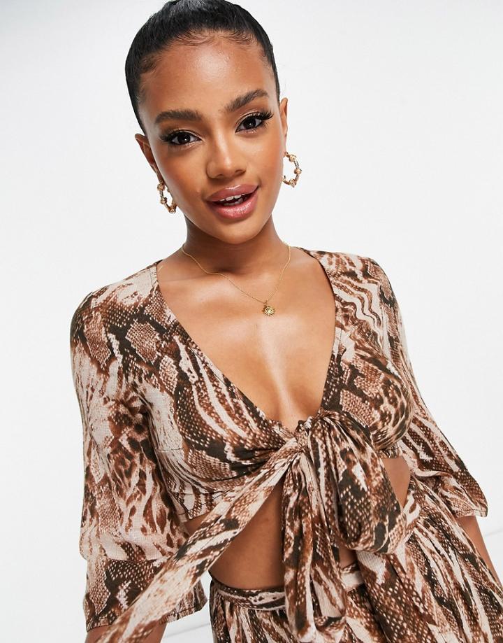 Asos Design Twist Front Flutter Sleeve Beach Top Set In Blurred Animal Print-multi