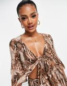 Asos Design Twist Front Flutter Sleeve Beach Top Set In Blurred Animal Print-multi