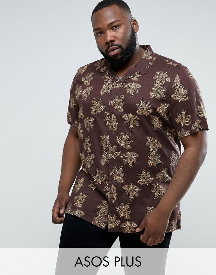 Asos Plus Viscose Shirt With Leaf Print And Revere Collar - Red