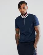 Asos Muscle T-shirt With Retro Stripe Rib And Zip Neck - Navy