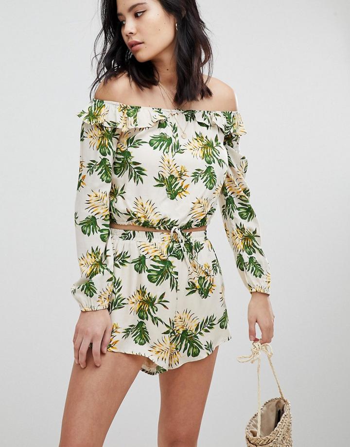 Honey Punch Long Sleeve Crop Top With Off Shoulder Ruffle Two-piece-multi