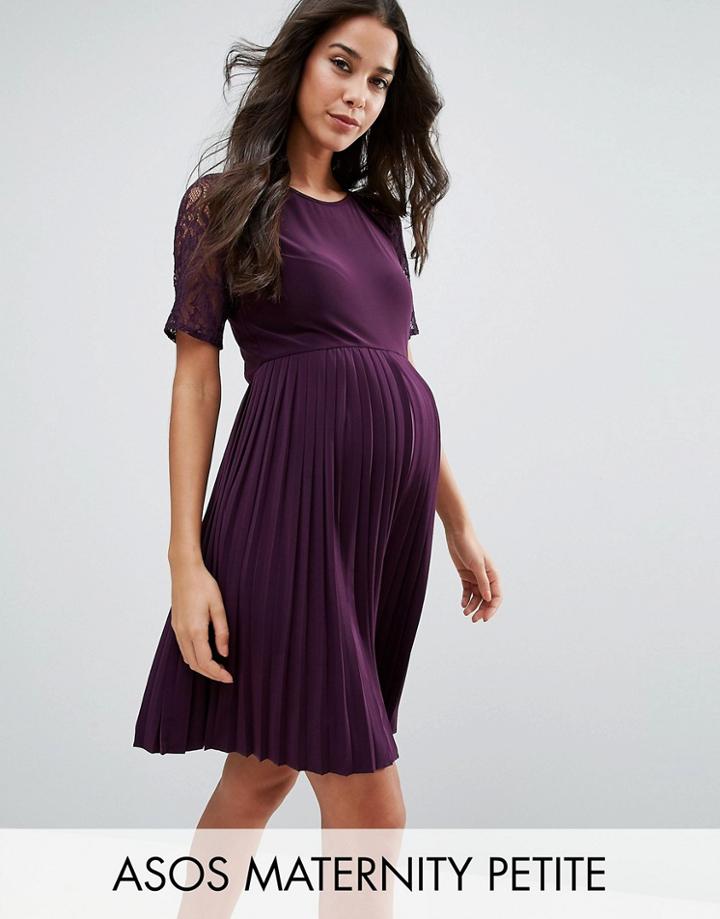 Asos Maternity Petite Pleat And Lace Mini Dress - Purple