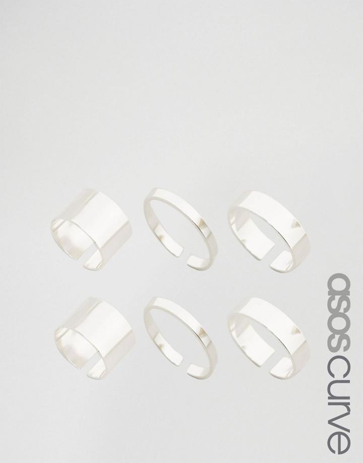 Asos Curve Pack Of 6 Sleek Ring Multipack - Rhodium