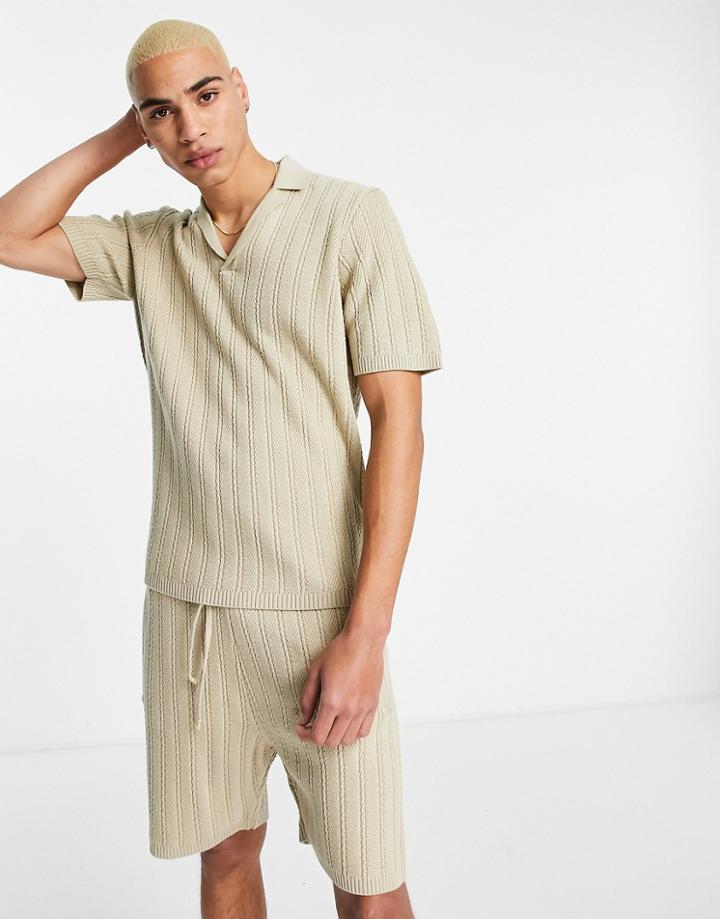 Asos Design Knit Camp Collar Polo In Stone - Part Of A Set-neutral