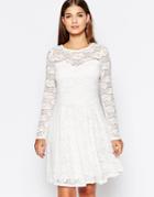 Club L Lace Skater Dress With Long Sleeves - Cream Lace