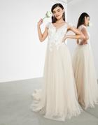 Asos Edition Josie Mesh Wedding Dress With Embroidered Bodice And Cap Sleeve In Cappuccino-neutral