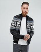Asos Heavyweight Fairisle Track Jacket In Black - Black