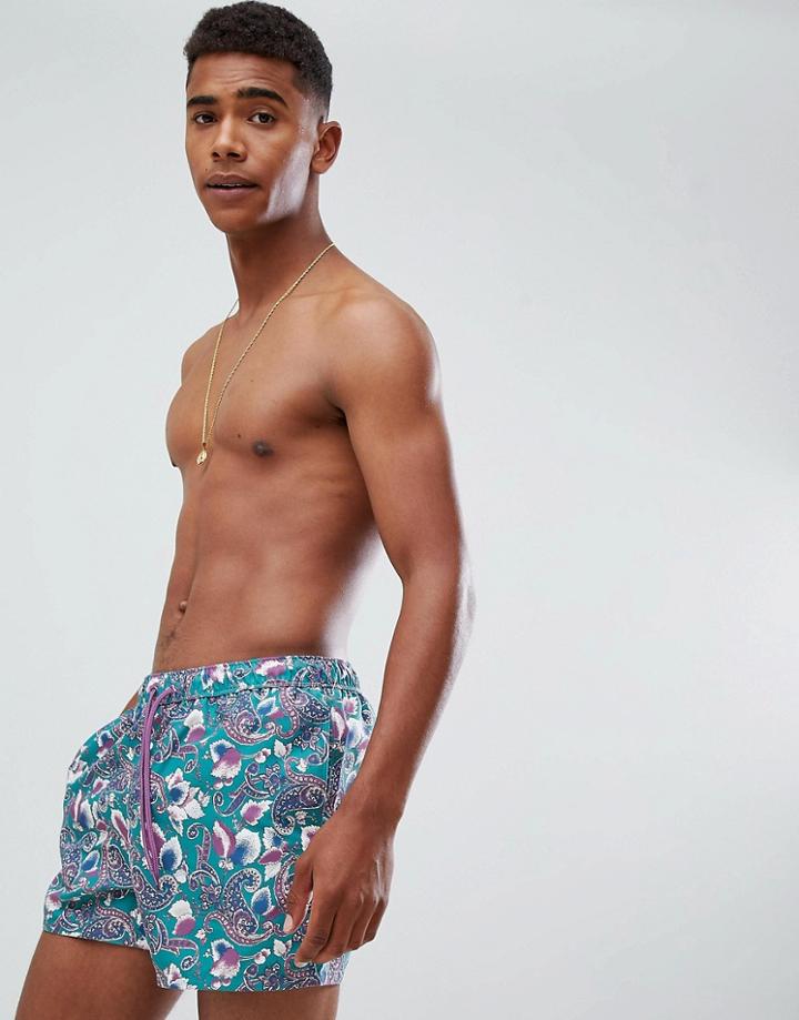 Asos Design Swim Shorts With Paisley Print In Short Length-green