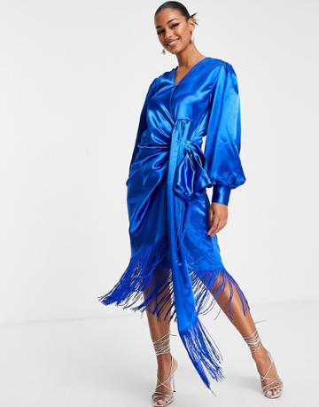 Vl The Label Fringed Wrap Satin Midi Dress In Cobalt-blue