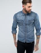 Nudie Jeans Co Jonis Ripped & Patches Denim Shirt Mid Wash - Blue