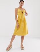 Missguided Tie Front Midi Dress With Button Detail In Yellow - Yellow