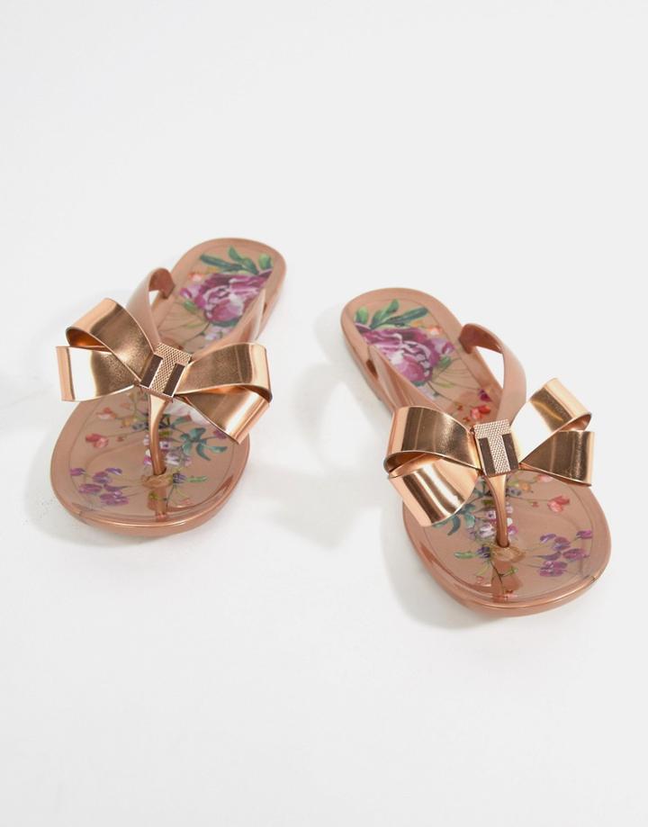 Ted Baker Rose Gold Floral Bow Detail Flip Flop - Gold