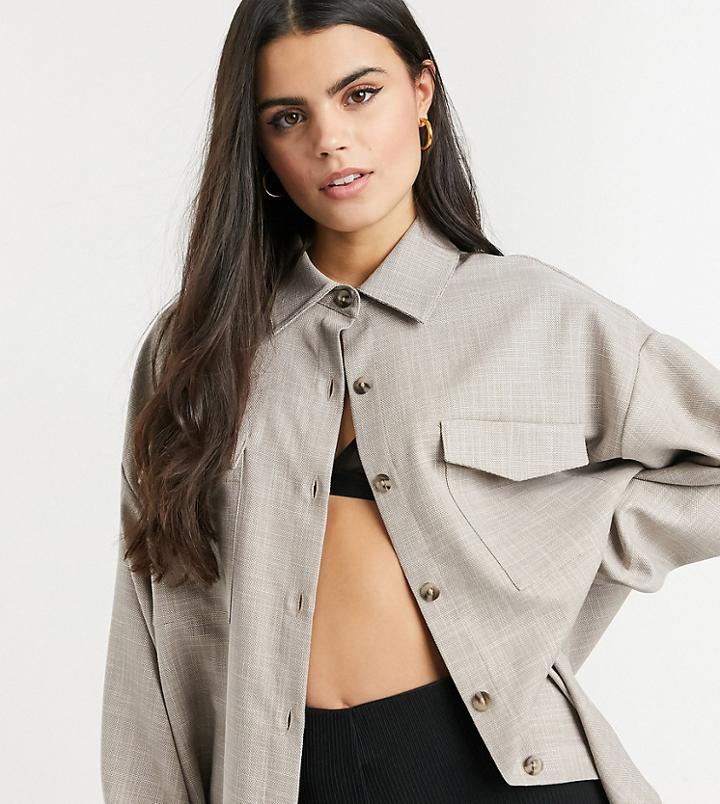 Asos Design Petite Textured Suit Shacket-brown