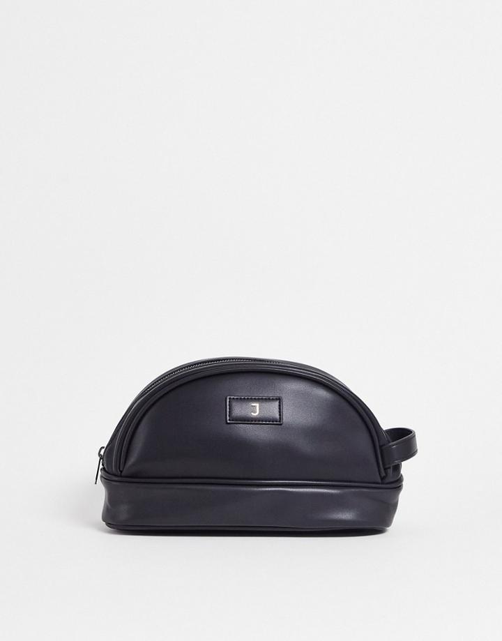 Asos Design Toiletry Bag In Faux Leather With J Initial In Black