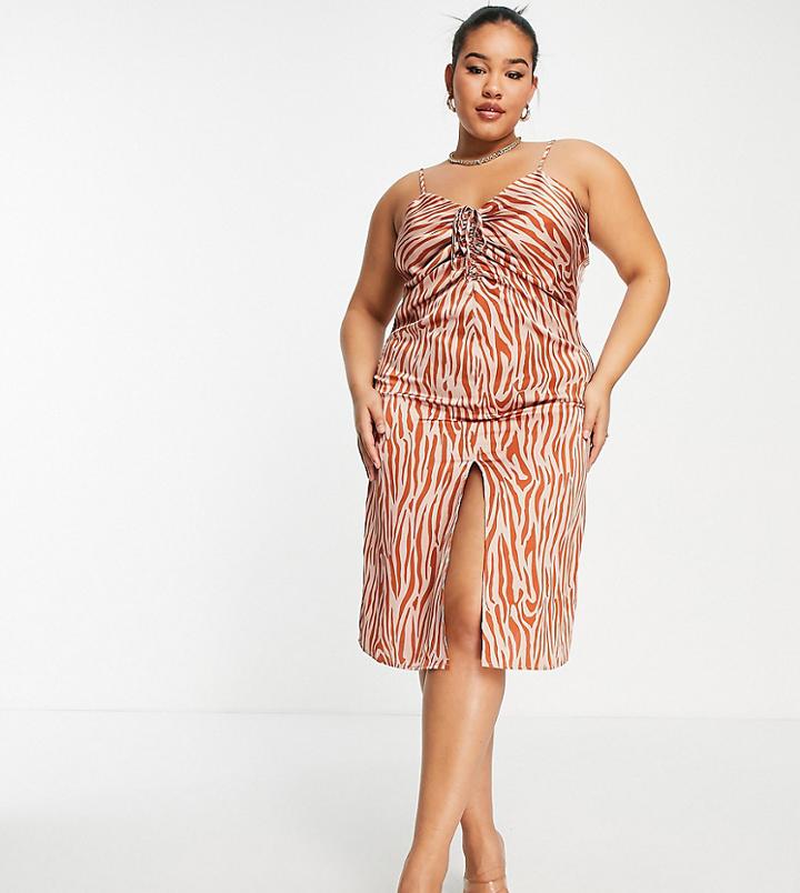 Lola May Plus Satin Midi Dress In Brown Animal Print