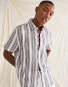 Asos Design Relaxed Shirt In Linen Mix Gray Stripe