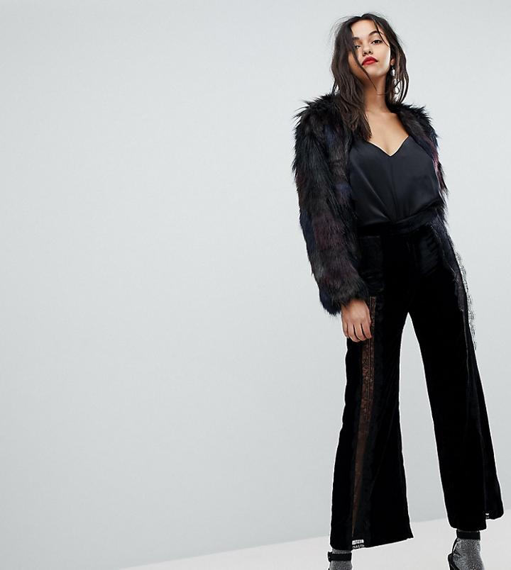 River Island Wide Leg Lace Detail Velvet Pants - Black