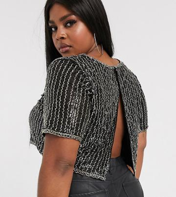 Lace & Beads Plus Embellished Crop Top In Black And Gold