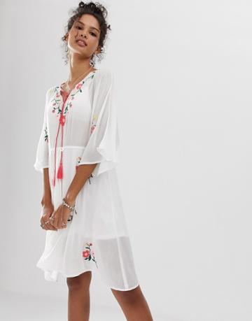 En Cr Me Midi Dress With Floral Embroidery-white