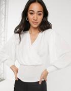 Closet London Wrap Blouse With Volume Sleeves In Ivory-white