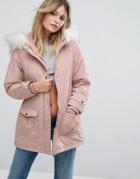 New Look Faux Fur Hood Parka Coat - Pink