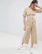 Asos Design Cotton Tea Jumpsuit With Horn Button Detail - Brown
