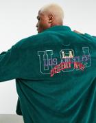 Asos Design 90s Oversized Collegiate Shirt In Polar Fleece With Usa Back Embroidery-green
