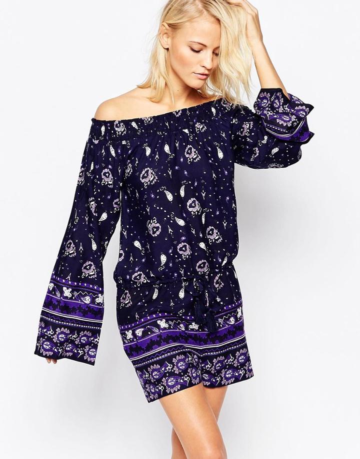 Diya Off The Shoulder Romper With Bell Sleeves In Paisley Print