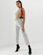 Asos Design Farleigh High Waisted Straight Leg Jeans In Coated Mono Snake Print With Neon Thread Detail - Multi