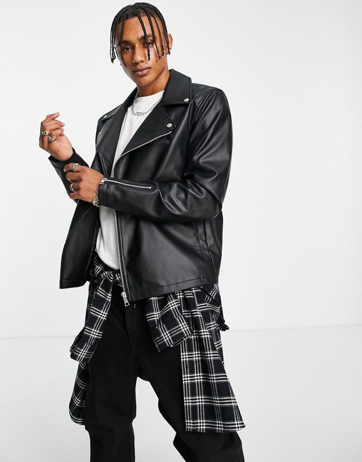 Asos Design Faux Leather Essential Biker Jacket In Black