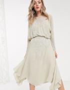 Asos Design Blouson Long Sleeve Midi Dress In Embellishment-neutral