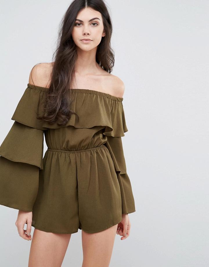 Love & Other Things Bardot Romper With Frill Sleeves - Green