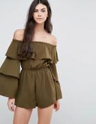 Love & Other Things Bardot Romper With Frill Sleeves - Green
