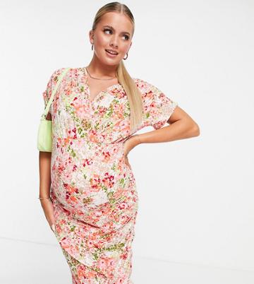 Mama. Licious Maternity Recycled Body-conscious Mini Dress With Ruched Side Detail In Red Floral-multi